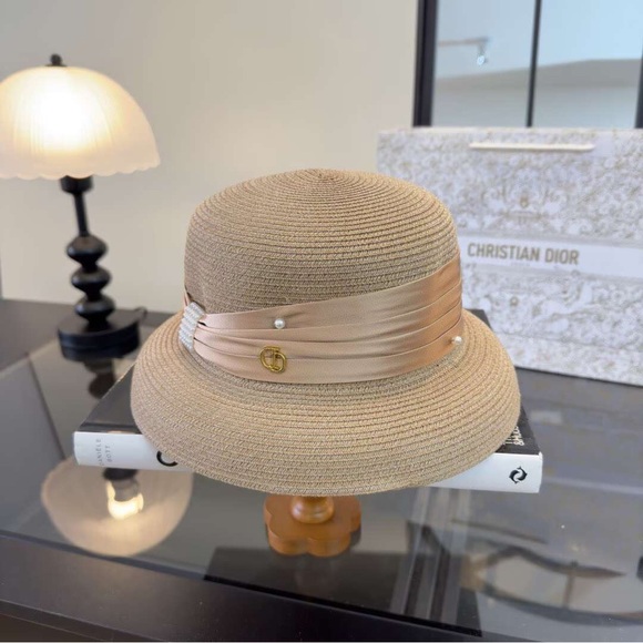 Miu Miu Accessories - Miu Miu Beige Straw Bucket Hat with Satin Band & Pearl Detail